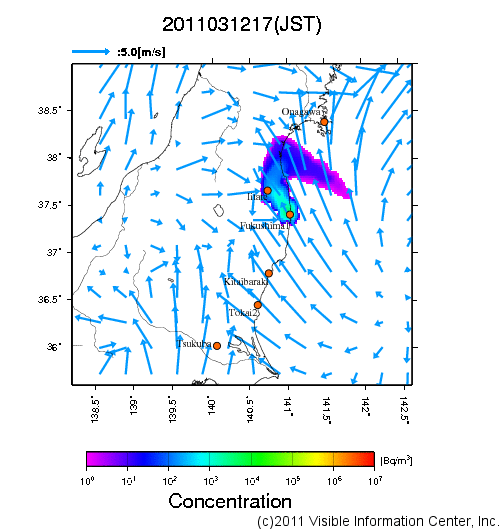 地表付近 大気中濃度分布[Bq/m3]　2011-03-12 17時