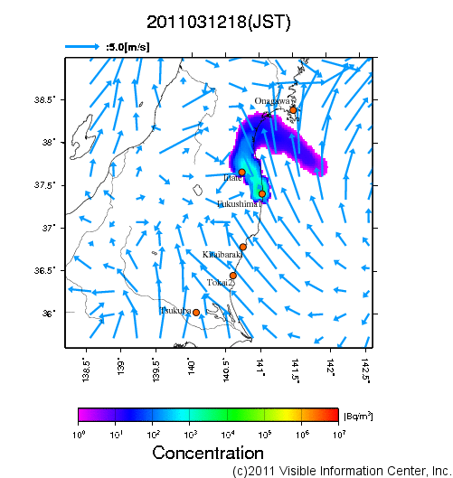 地表付近 大気中濃度分布[Bq/m3]　2011-03-12 18時