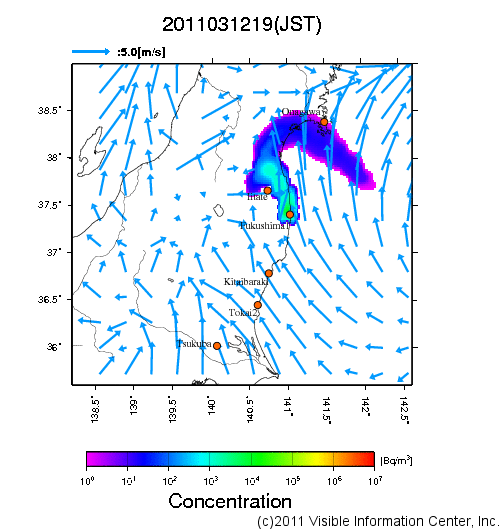 地表付近 大気中濃度分布[Bq/m3]　2011-03-12 19時