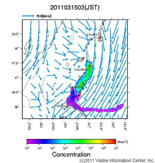 地表付近 大気中濃度分布[Bq/m3]　2011-03-15 03時