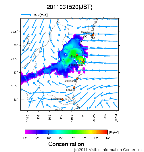 地表付近 大気中濃度分布[Bq/m3]　2011-03-15 20時