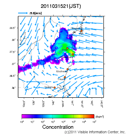 地表付近 大気中濃度分布[Bq/m3]　2011-03-15 21時