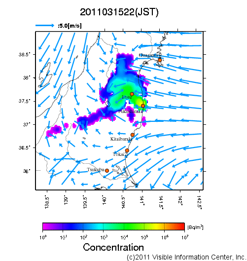 地表付近 大気中濃度分布[Bq/m3]　2011-03-15 22時