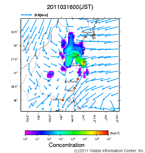 地表付近 大気中濃度分布[Bq/m3]　2011-03-16 00時