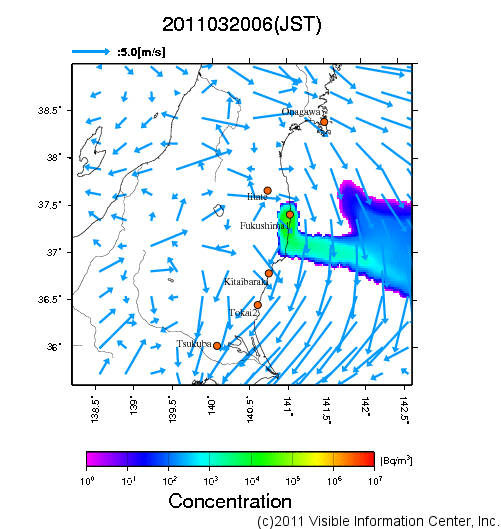 地表付近 大気中濃度分布[Bq/m3]　2011-03-20 06時