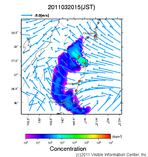 地表付近 大気中濃度分布[Bq/m3]　2011-03-20 15時