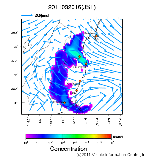 地表付近 大気中濃度分布[Bq/m3]　2011-03-20 16時