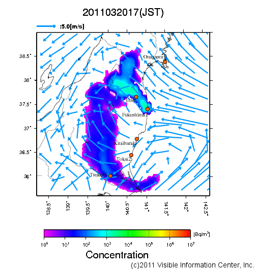 地表付近 大気中濃度分布[Bq/m3]　2011-03-20 17時