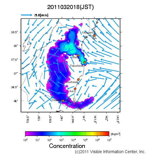 地表付近 大気中濃度分布[Bq/m3]　2011-03-20 18時