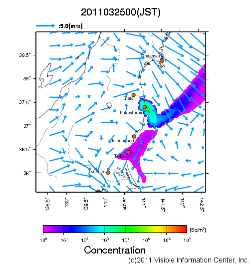 地表付近 大気中濃度分布[Bq/m3]　2011-03-25 00時