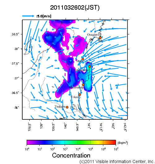 地表付近 大気中濃度分布[Bq/m3]　2011-03-26 02時