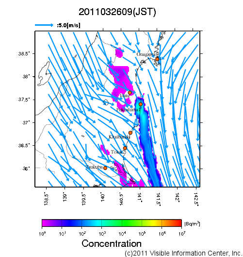 地表付近 大気中濃度分布[Bq/m3]　2011-03-26 09時