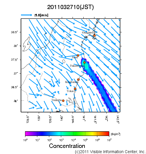 地表付近 大気中濃度分布[Bq/m3]　2011-03-27 10時