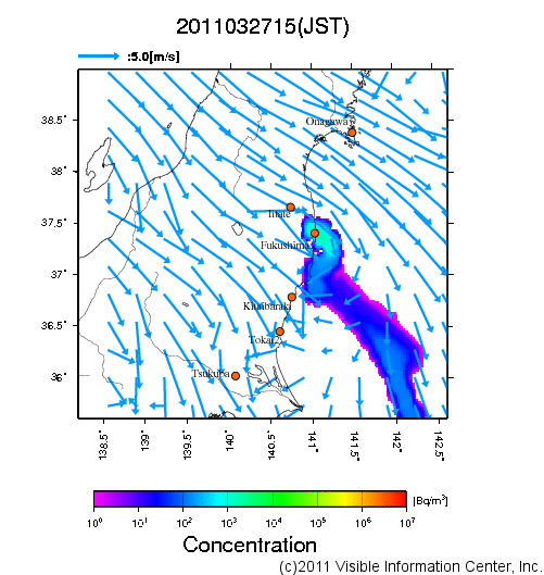 地表付近 大気中濃度分布[Bq/m3]　2011-03-27 15時