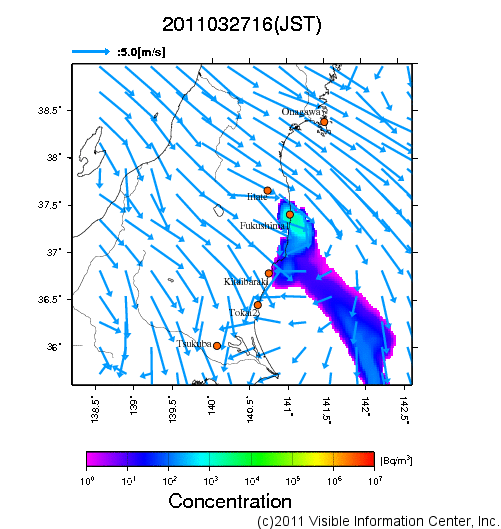 地表付近 大気中濃度分布[Bq/m3]　2011-03-27 16時
