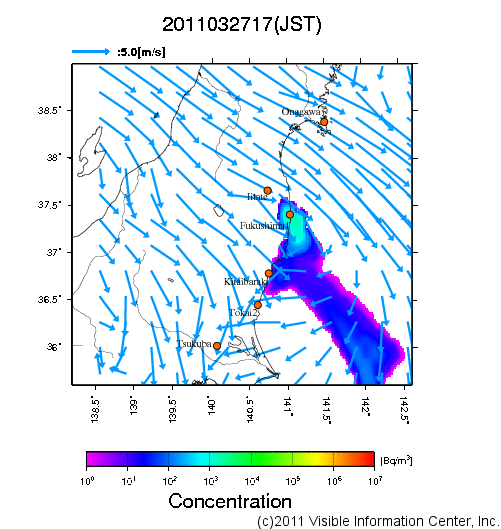 地表付近 大気中濃度分布[Bq/m3]　2011-03-27 17時