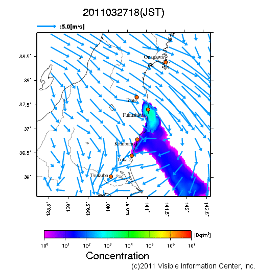 地表付近 大気中濃度分布[Bq/m3]　2011-03-27 18時