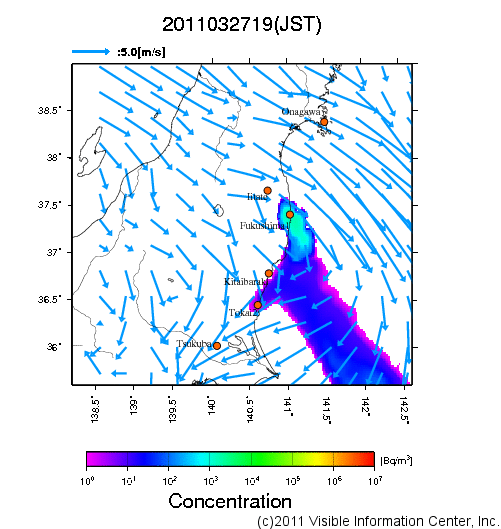 地表付近 大気中濃度分布[Bq/m3]　2011-03-27 19時
