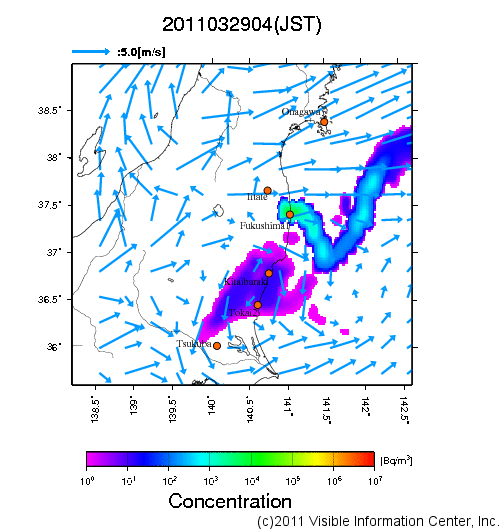 地表付近 大気中濃度分布[Bq/m3]　2011-03-29 04時