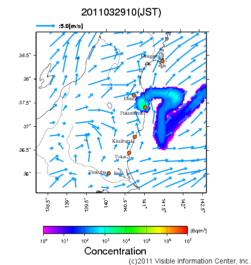 地表付近 大気中濃度分布[Bq/m3]　2011-03-29 10時
