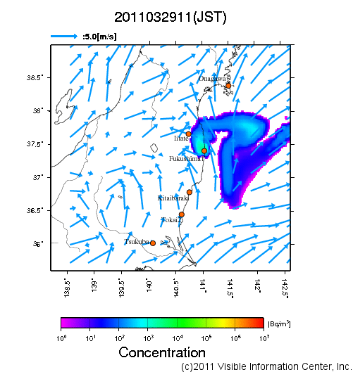 地表付近 大気中濃度分布[Bq/m3]　2011-03-29 11時