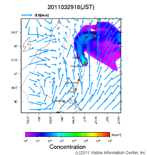 地表付近 大気中濃度分布[Bq/m3]　2011-03-29 16時