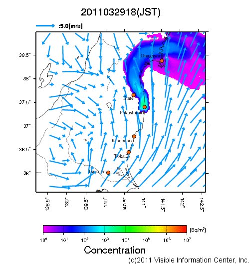 地表付近 大気中濃度分布[Bq/m3]　2011-03-29 18時
