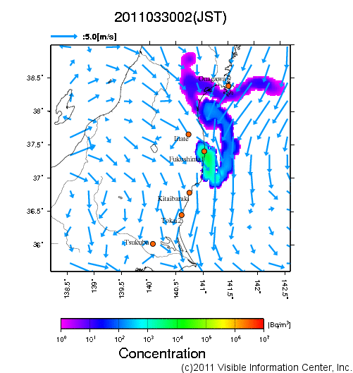 地表付近 大気中濃度分布[Bq/m3]　2011-03-30 02時