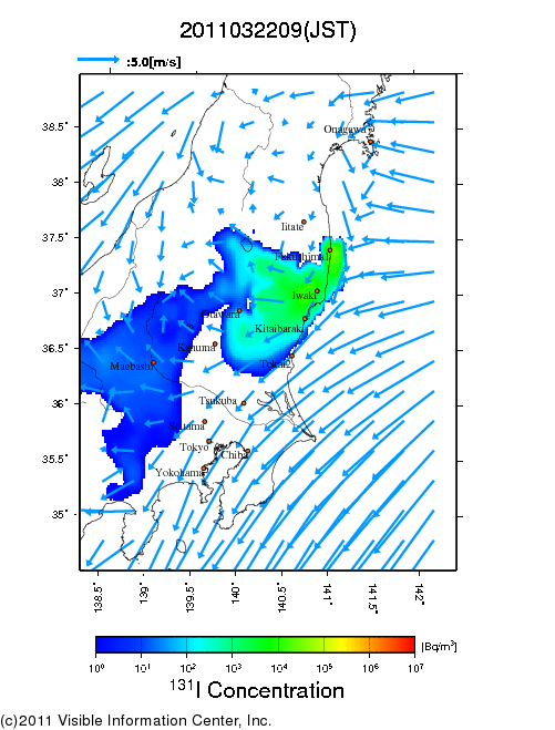 地表付近 大気中濃度分布[Bq/m3]　2011-03-22 09時