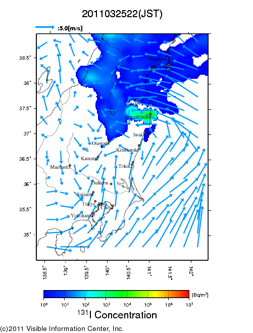 地表付近 大気中濃度分布[Bq/m3]　2011-03-25 22時