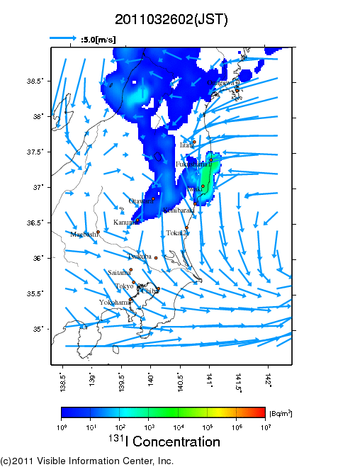地表付近 大気中濃度分布[Bq/m3]　2011-03-26 02時