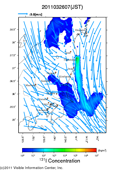 地表付近 大気中濃度分布[Bq/m3]　2011-03-26 07時