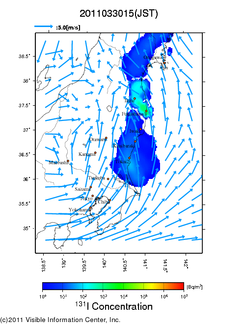 地表付近 大気中濃度分布[Bq/m3]　2011-03-30 15時