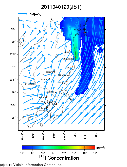地表付近 大気中濃度分布[Bq/m3]　2011-04-01 20時