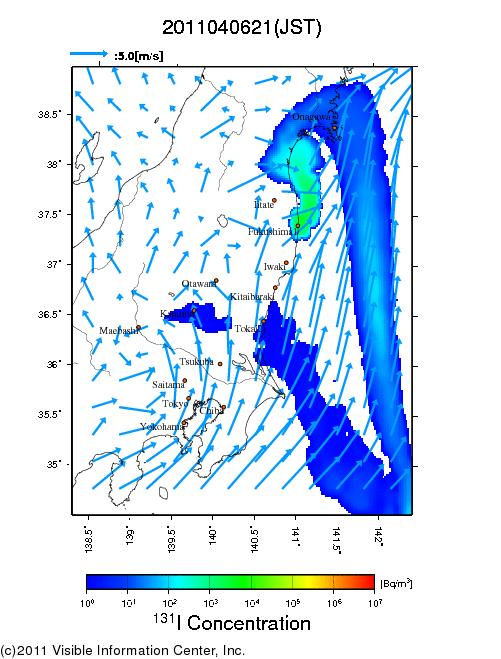 地表付近 大気中濃度分布[Bq/m3]　2011-04-06 21時